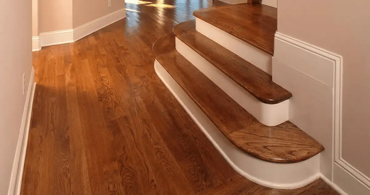 Base floor of a staircase with professionally restored wood flooring in Nashville TN