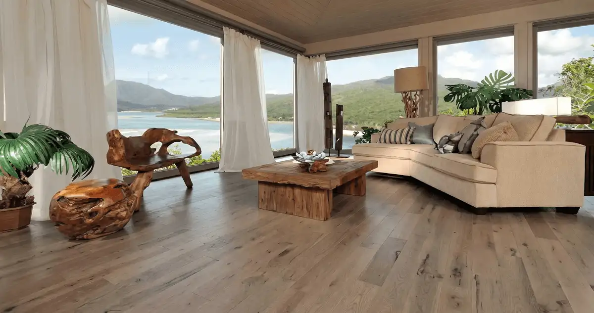 Professionally installed vinyl flooring in a modern living room with large windows in Nashville, TN